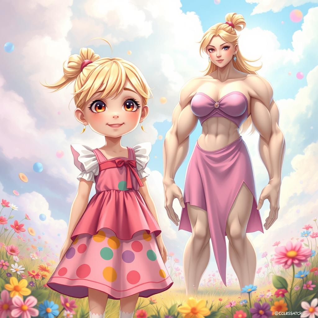 A whimsical scene featuring a young female character, around 11 years old, with tied-up blonde hair styled cutely and wearing an adorable, colorful dress adorned with fun patterns