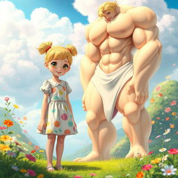 A whimsical scene featuring a young female character, around 11 years old, with tied-up blonde hair styled cutely and wearing an adorable, colorful dress adorned with fun patterns