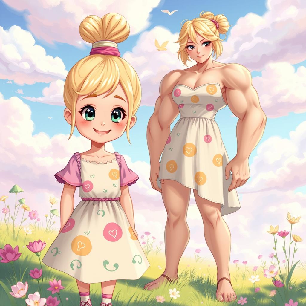 A vibrant illustration of a young female character, approximately 11 years old, showcasing her tied-up blonde hair in a playful style