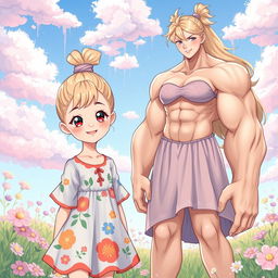 A vibrant illustration of a young female character, approximately 11 years old, showcasing her tied-up blonde hair in a playful style