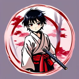 Anime profile picture featuring a young samurai boy with black hair and eyes, dressed in traditional garb with a katana blade on his shoulder. The image is encircled by a hand-drawn red ink border.