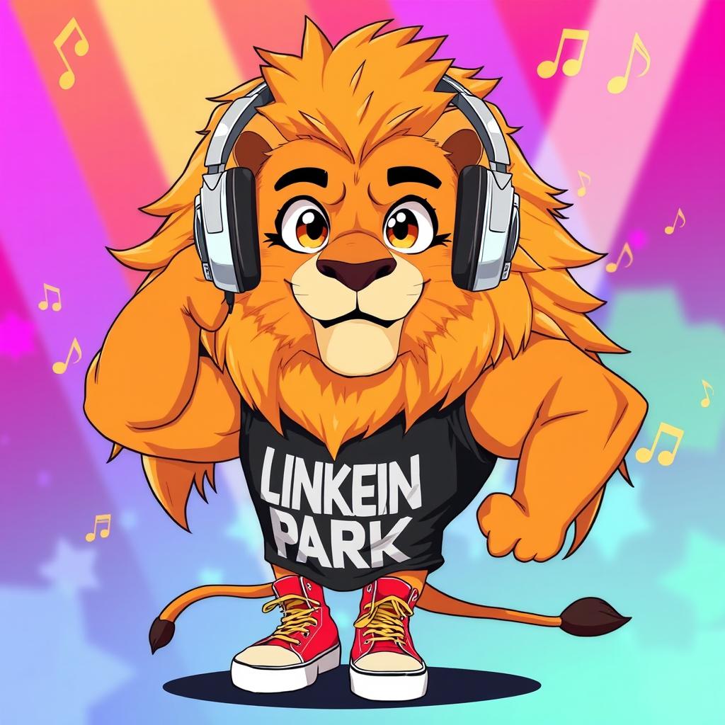 An anime-style illustration of a strong, muscular lion embodying a rock star persona