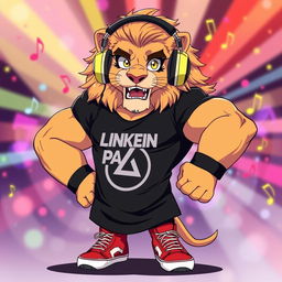 An anime-style illustration of a strong, muscular lion embodying a rock star persona