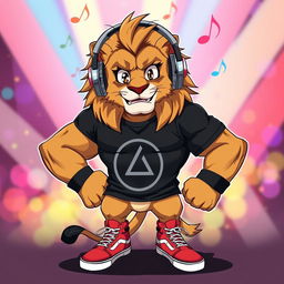 An anime-style illustration of a strong, muscular lion embodying a rock star persona