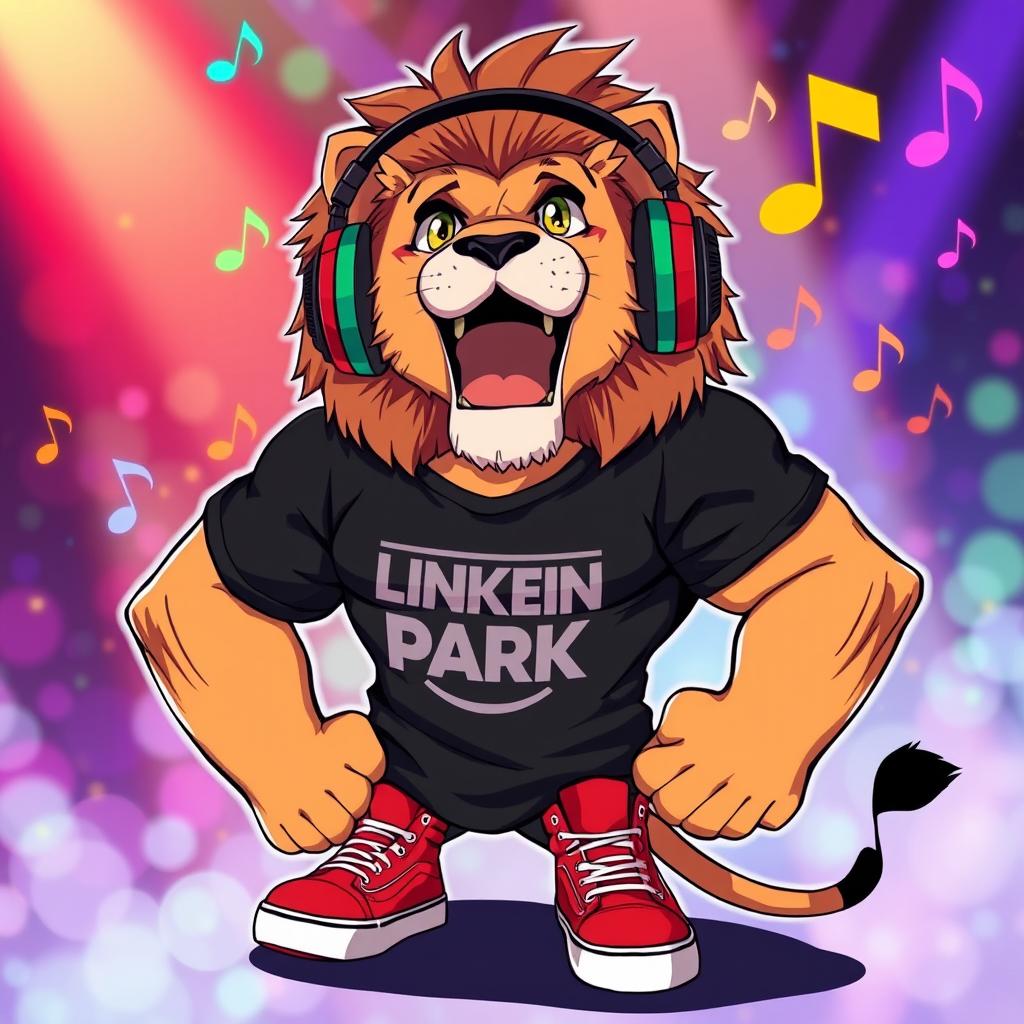 An anime-style illustration of a strong, muscular lion embodying a rock star persona