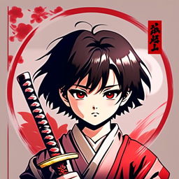 Anime profile picture featuring a young samurai boy with black hair and eyes, dressed in traditional garb with a katana blade on his shoulder. The image is encircled by a hand-drawn red ink border.