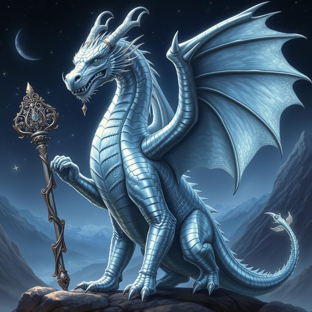 A majestic silver dragon standing tall and proud, holding an ornate staff adorned with intricate designs that shimmer in the light