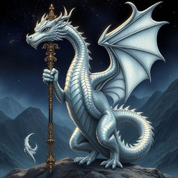 A majestic silver dragon standing tall and proud, holding an ornate staff adorned with intricate designs that shimmer in the light