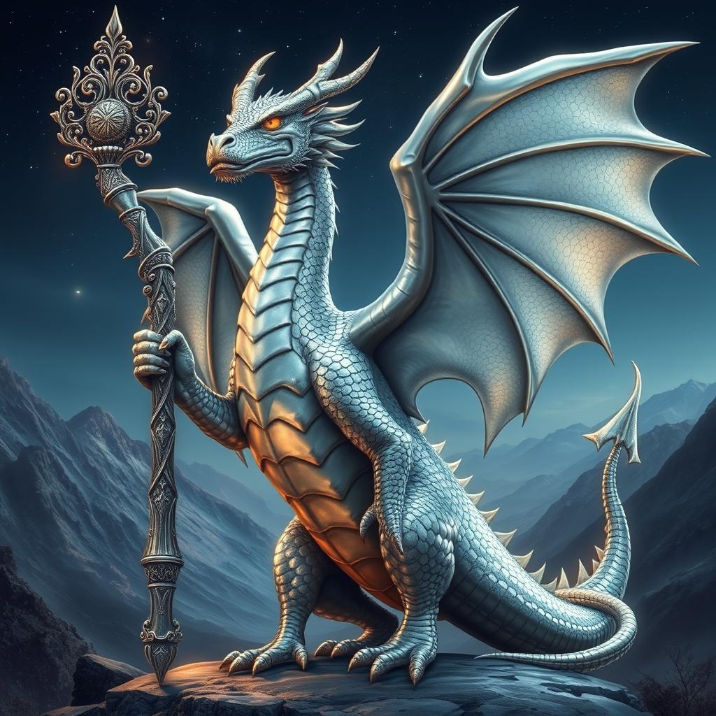 A majestic silver dragon standing tall and proud, holding an ornate staff adorned with intricate designs that shimmer in the light