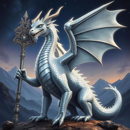 A majestic silver dragon standing tall and proud, holding an ornate staff adorned with intricate designs that shimmer in the light