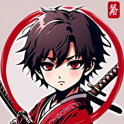 Anime profile picture featuring a young samurai boy with black hair and eyes, dressed in traditional garb with a katana blade on his shoulder. The image is encircled by a hand-drawn red ink border.