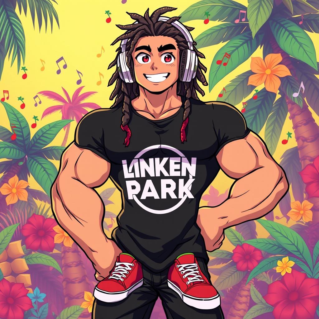 An anime-style illustration of a strong reggae-inspired character with a vibrant personality