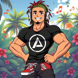 An anime-style illustration of a strong reggae-inspired character with a vibrant personality