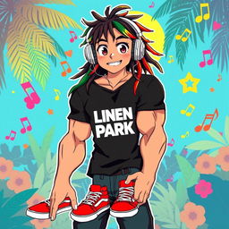 An anime-style illustration of a strong reggae-inspired character with a vibrant personality