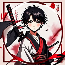 Anime profile picture featuring a young samurai boy with black hair and eyes, dressed in traditional garb with a katana blade on his shoulder. The image is encircled by a hand-drawn red ink border.