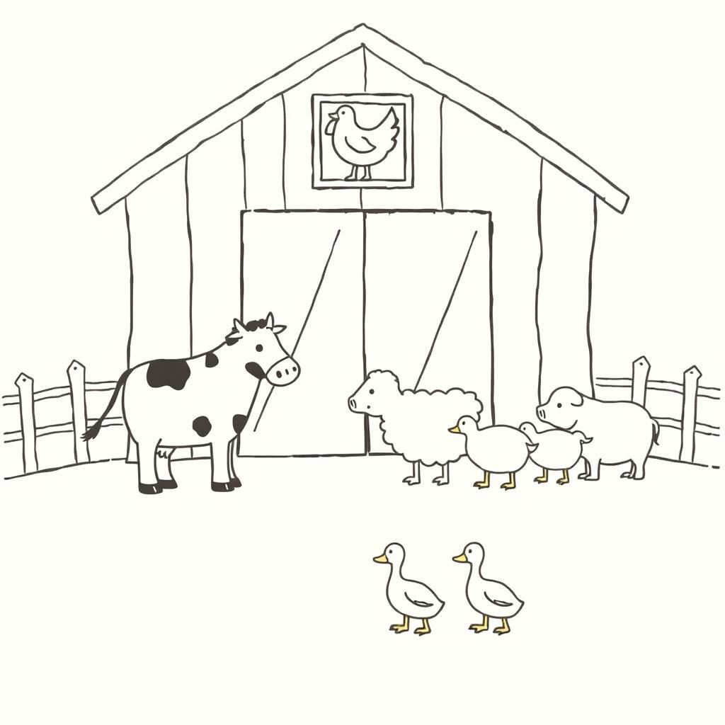 A charming black and white drawing depicting a farm scene with several animals gathered in front of a barn