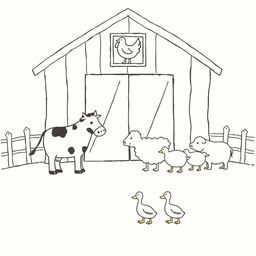 A charming black and white drawing depicting a farm scene with several animals gathered in front of a barn