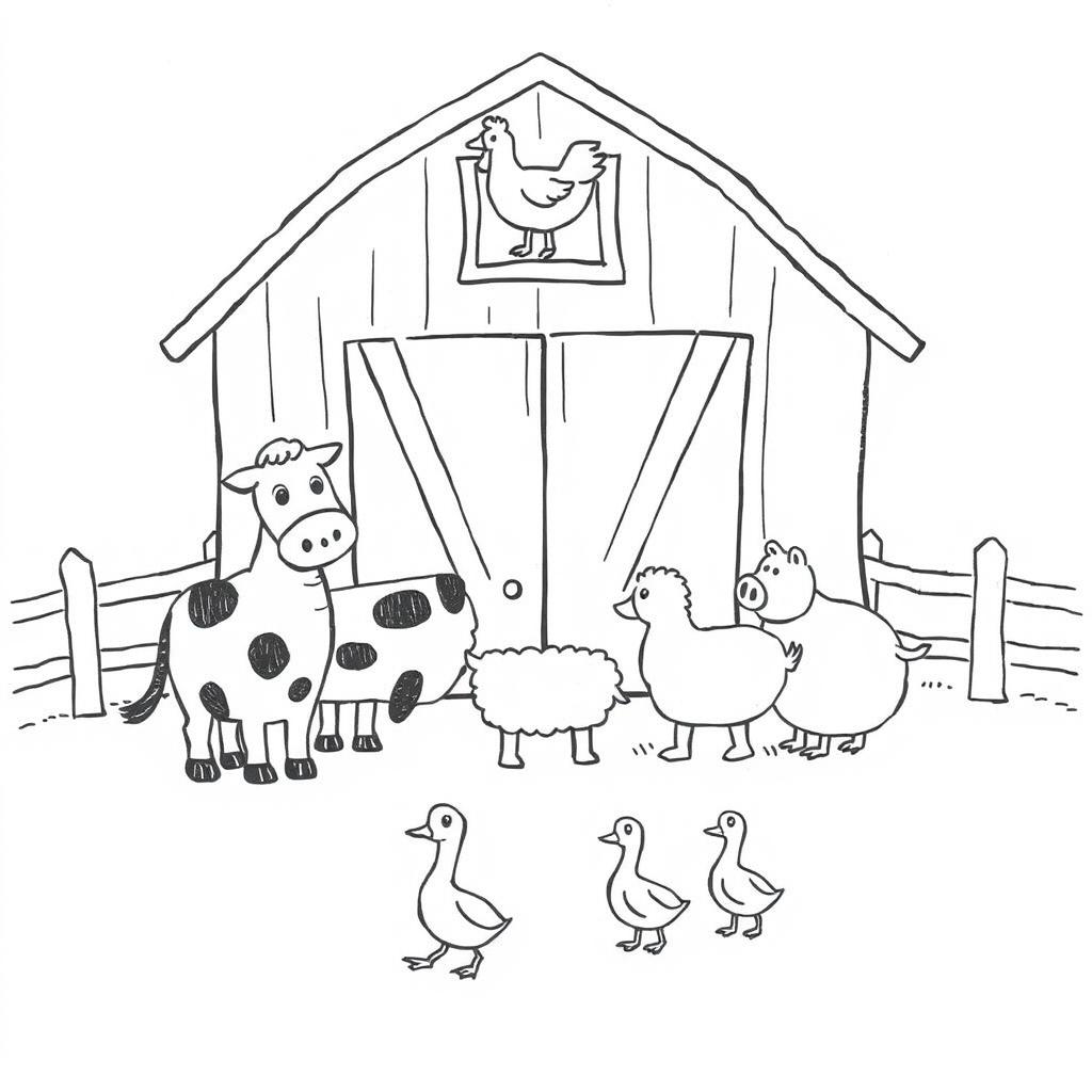 A charming black and white drawing depicting a farm scene with several animals gathered in front of a barn