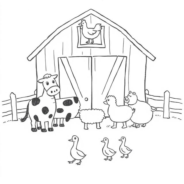 A charming black and white drawing depicting a farm scene with several animals gathered in front of a barn