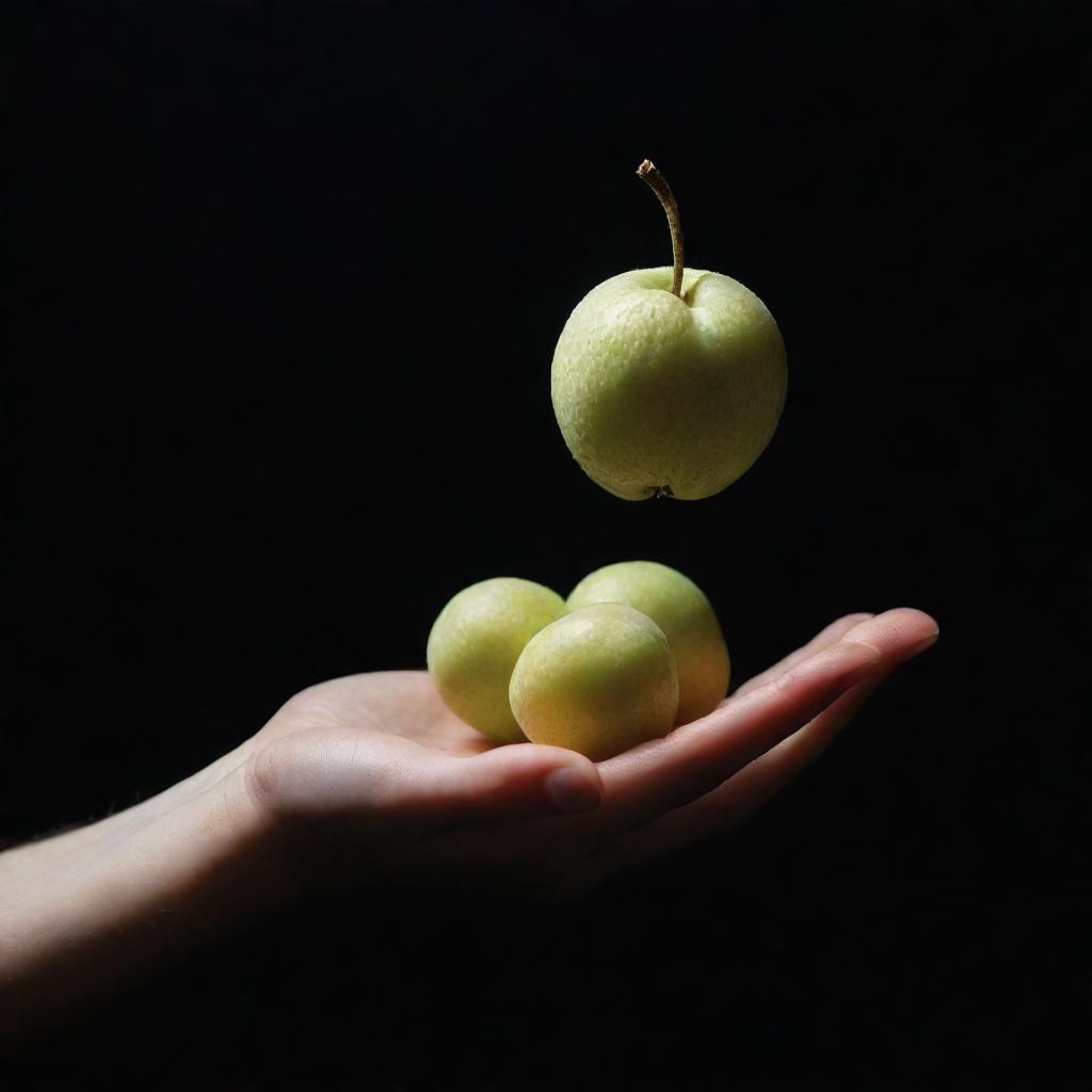 An outstretched hand offering a luminescent white fruit. The fruit is glowing with a soft, radiant light, creating a striking contrast against a dark backdrop.