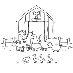 A charming black and white drawing depicting a farm scene with several animals gathered in front of a barn