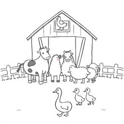 A charming black and white drawing depicting a farm scene with several animals gathered in front of a barn