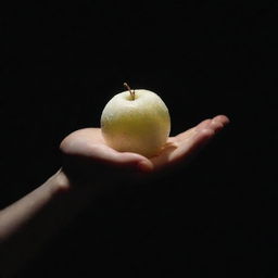 An outstretched hand offering a luminescent white fruit. The fruit is glowing with a soft, radiant light, creating a striking contrast against a dark backdrop.