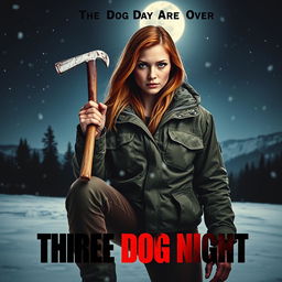 An intense movie poster featuring a beautiful young redhead with longer-length hair, gripping a bloody crowbar in her hand