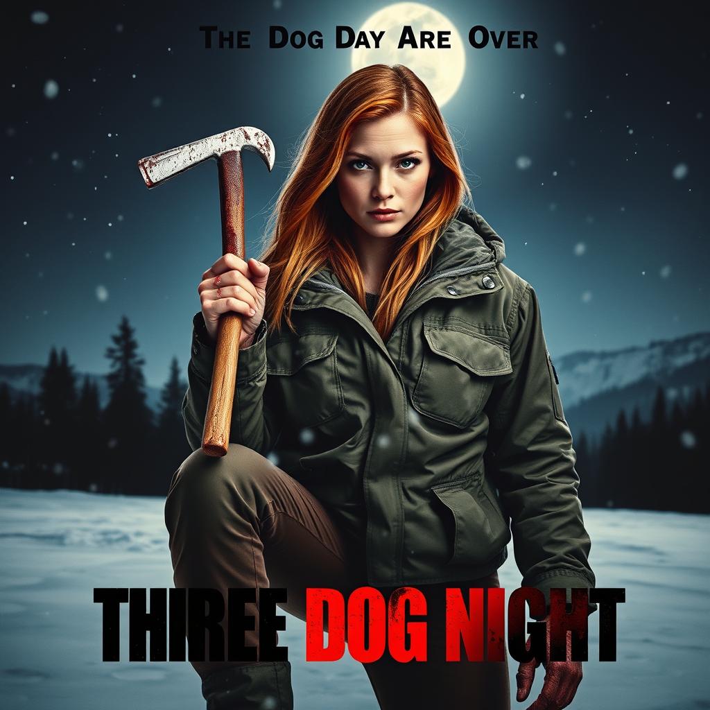 An intense movie poster featuring a beautiful young redhead with longer-length hair, gripping a bloody crowbar in her hand