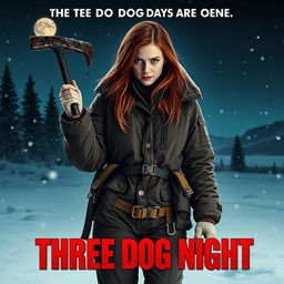 An intense movie poster featuring a beautiful young redhead with longer-length hair, gripping a bloody crowbar in her hand