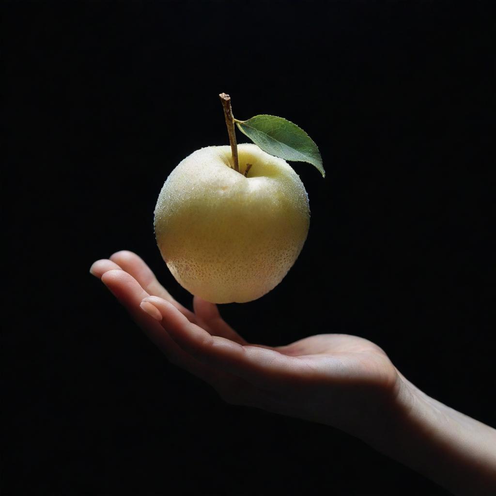 An outstretched hand offering a luminescent white fruit. The fruit is glowing with a soft, radiant light, creating a striking contrast against a dark backdrop.