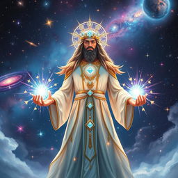 A powerful cosmic master, depicted with an aura of divine energy, stands majestically in the vastness of space, surrounded by a breathtaking backdrop of galaxies and stars