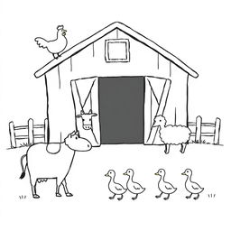 A simple black and white drawing depicting a farm scene