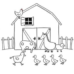 A simple black and white drawing depicting a farm scene