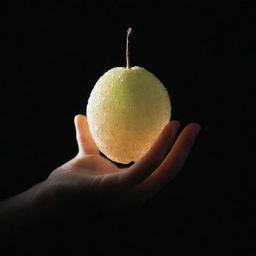 An outstretched hand offering a luminescent white fruit. The fruit is glowing with a soft, radiant light, creating a striking contrast against a dark backdrop.