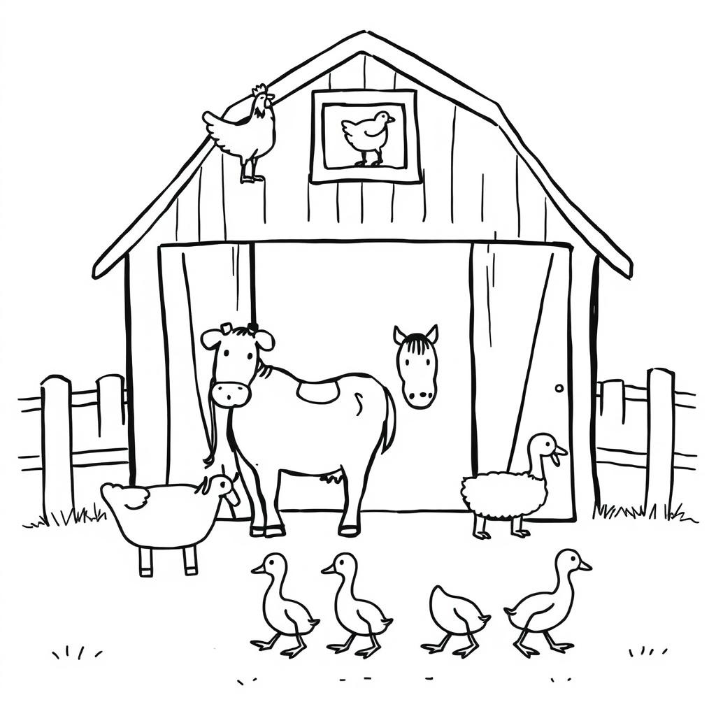 A simple black and white drawing depicting a farm scene