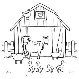 A simple black and white drawing depicting a farm scene