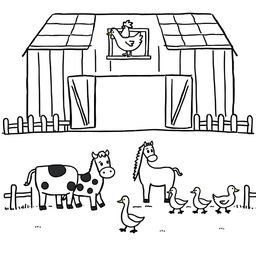 A simple black and white drawing depicting a farm scene