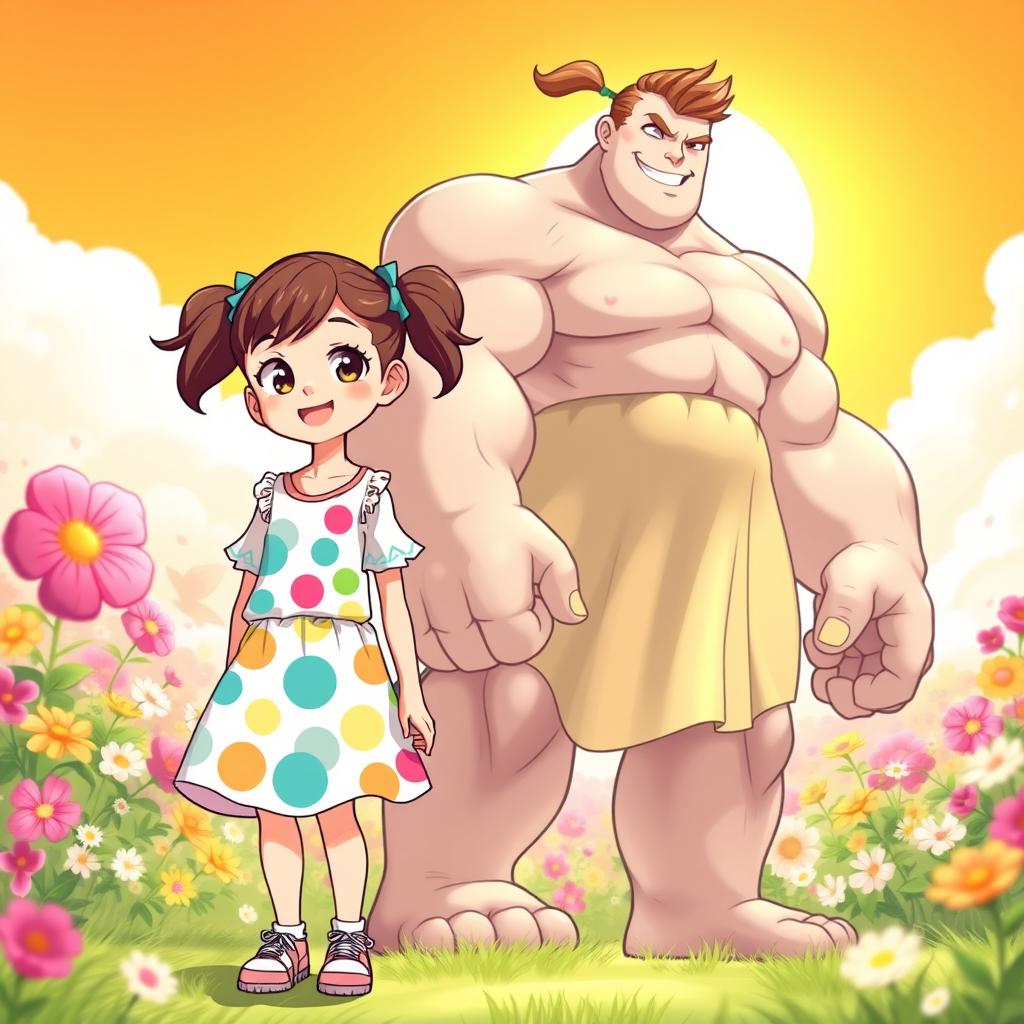 An 11-year-old female character with a cute dress, bright colors, and a playful pattern