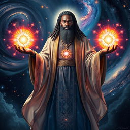 A powerful black master creator of the universe, depicted with a commanding presence, stands amid the vastness of space, surrounded by swirling galaxies and twinkling stars