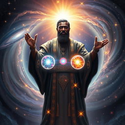 A powerful black master creator of the universe, depicted with a commanding presence, stands amid the vastness of space, surrounded by swirling galaxies and twinkling stars