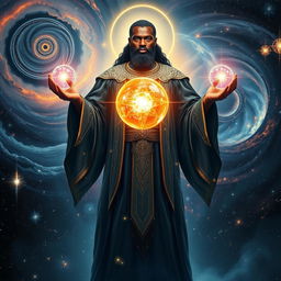 A powerful black master creator of the universe, depicted with a commanding presence, stands amid the vastness of space, surrounded by swirling galaxies and twinkling stars