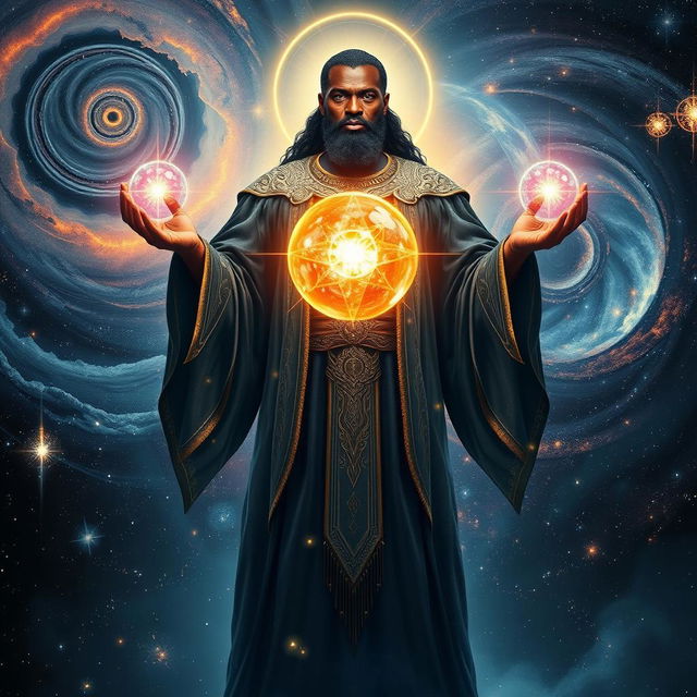 A powerful black master creator of the universe, depicted with a commanding presence, stands amid the vastness of space, surrounded by swirling galaxies and twinkling stars