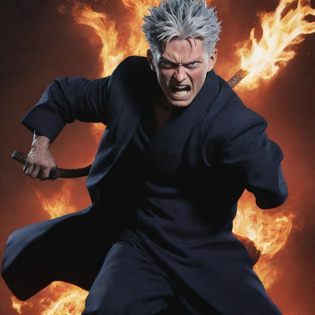 A vivid representation of Toji Fushiguro from Jujutsu Kaisen in an action pose, holding his cursed weapon, full of energy and intensity.