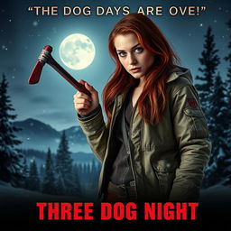 An intense movie poster featuring a beautiful young redhead with longer hair, gripping a bloody crowbar in her hand