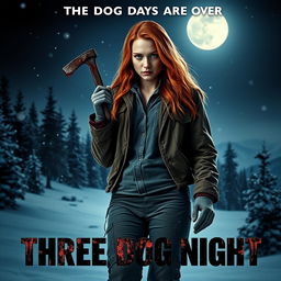 An intense movie poster featuring a beautiful young redhead with longer hair, gripping a bloody crowbar in her hand