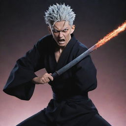 A vivid representation of Toji Fushiguro from Jujutsu Kaisen in an action pose, holding his cursed weapon, full of energy and intensity.