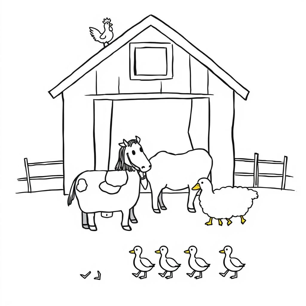 A simple black and white drawing depicting a farm scene