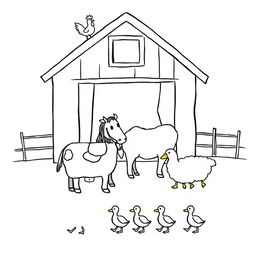 A simple black and white drawing depicting a farm scene