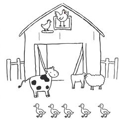 A simple black and white drawing depicting a farm scene